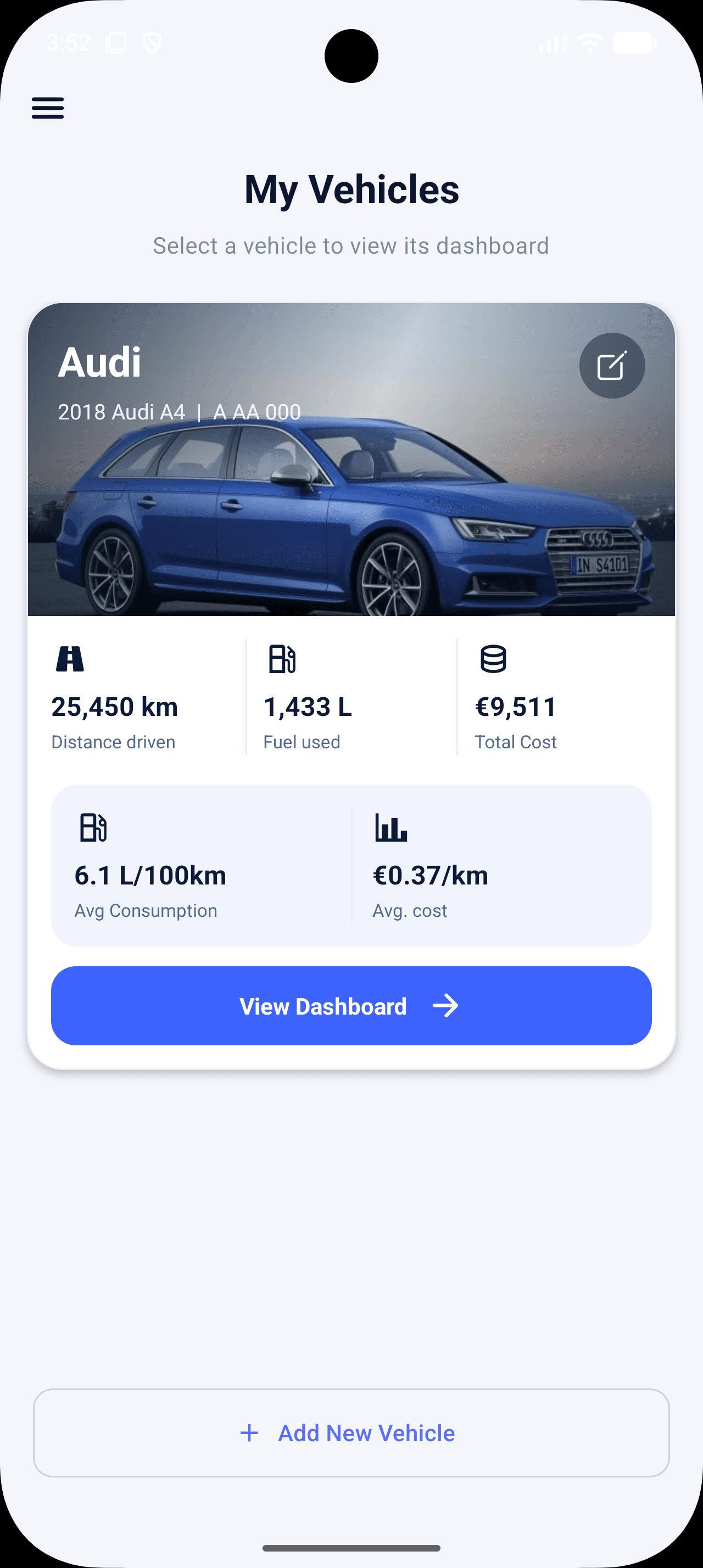 Vexmo vehicle selection with mileage, fuel usage, and total costs