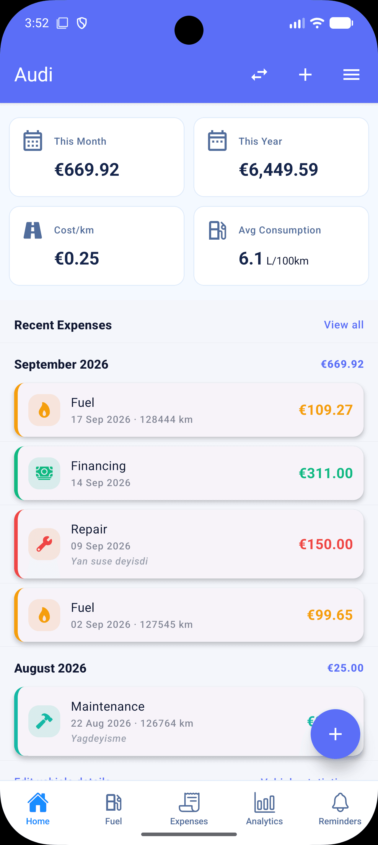 Vexmo dashboard showing vehicle costs and recent expenses