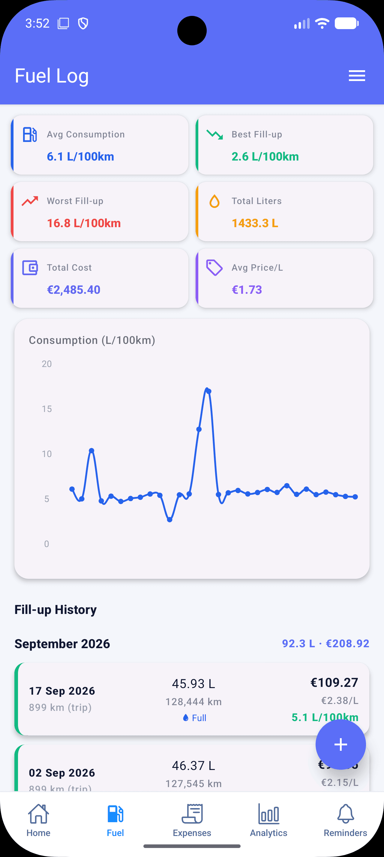 Vexmo fuel log showing consumption and fill-up history